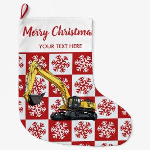 Merry Christmas Construction Excavator Snowflake Large Christmas Stocking
