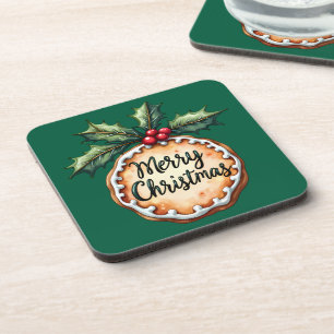 Merry Christmas Cookie with Holly Berries Coaster