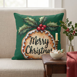 Merry Christmas Cookie with Holly Berries Green Cushion