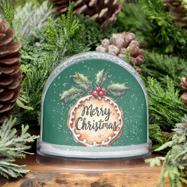 Merry Christmas Cookie with Holly Berries Green Snowglobe (Winter)