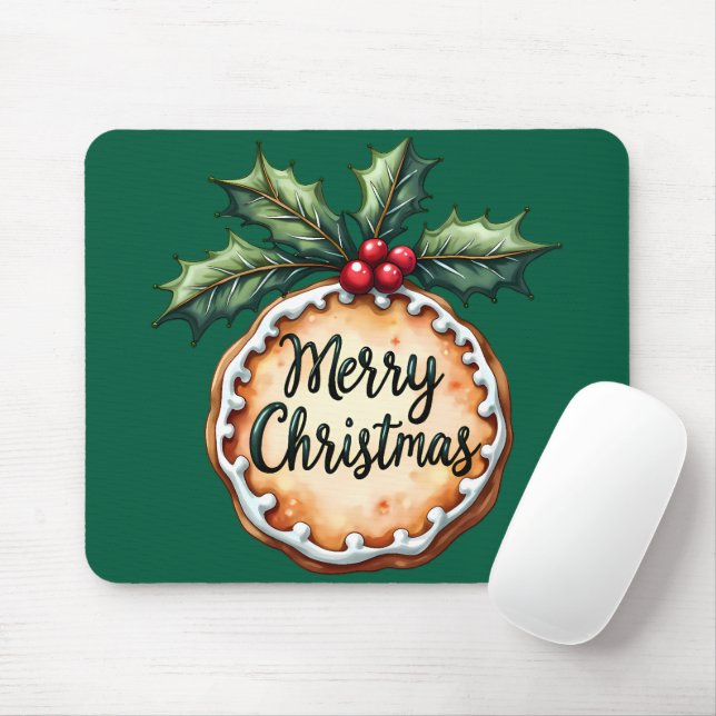 Merry Christmas Cookie with Holly Berries Mouse Mat (With Mouse)