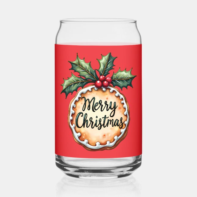 Merry Christmas Cookie with Holly Berries Red Can Glass (Front)