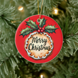 Merry Christmas Cookie with Holly Berries Red Ceramic Tree Decoration