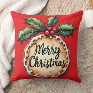 Merry Christmas Cookie with Holly Berries Red Cushion