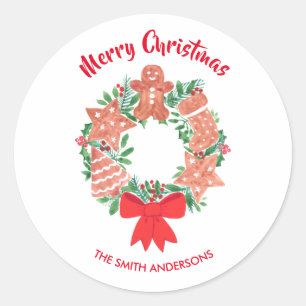 Merry Christmas Cookie Wreath Custom Name Classic Round Sticker