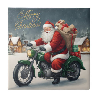 Merry Christmas Cool Vintage Santa on Motorcycle Tile