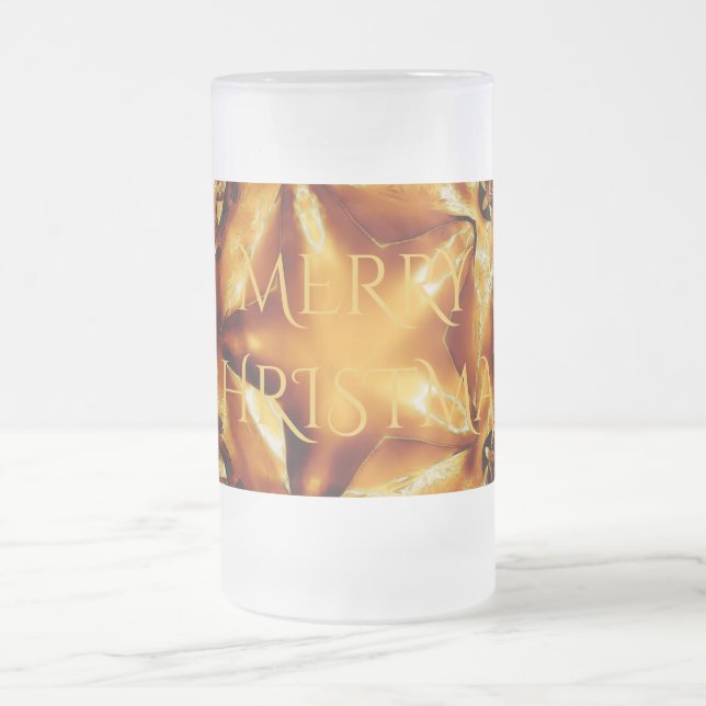 Merry Christmas Copper Gold Shiny Star Frosted Glass Beer Mug (Center)