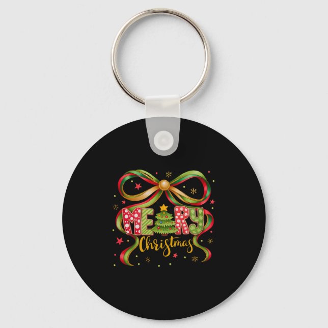 Merry Christmas Coquette Bow Preppy Xmas Tree Girl Key Ring (Front)