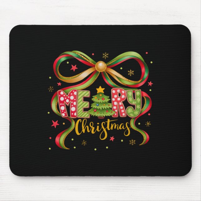 Merry Christmas Coquette Bow Preppy Xmas Tree Girl Mouse Mat (Front)