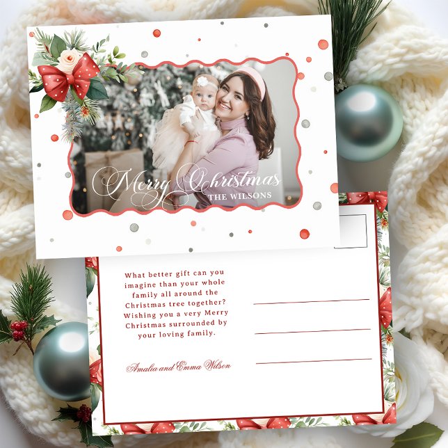 Merry Christmas Coquette Bow, Ribbon Frame 1 Photo Holiday Postcard (Creator Uploaded)
