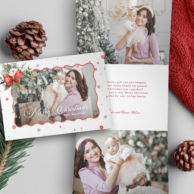 Merry Christmas Coquette Bow, Ribbon Frame 1 Photo Tri-Fold Holiday Card (Creator Uploaded)