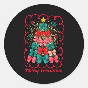 Merry Christmas Coquette Bow Tree Retro Xmas For W Classic Round Sticker