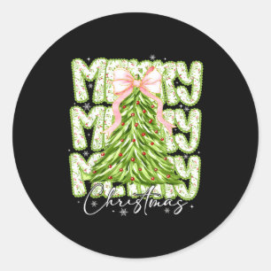 Merry Christmas Coquette Bow Tree Xmas Holiday Gir Classic Round Sticker