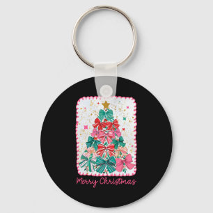 Merry Christmas Coquette Bow Xmas Tree Holiday Gir Key Ring