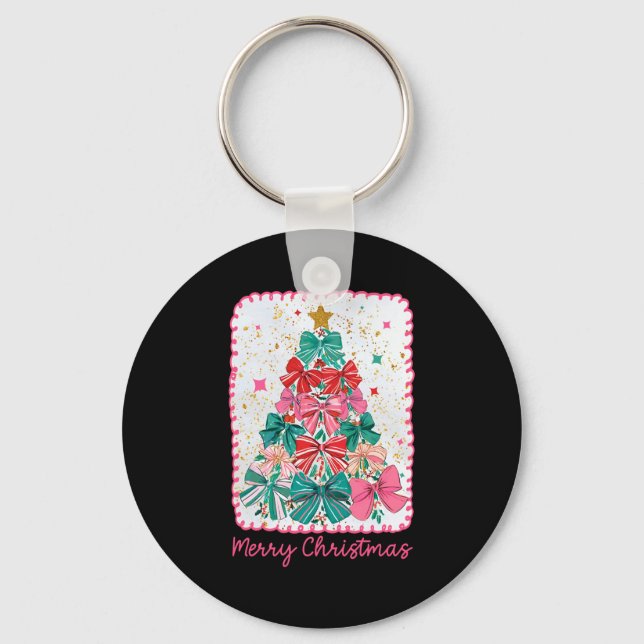 Merry Christmas Coquette Bow Xmas Tree Holiday Gir Key Ring (Front)