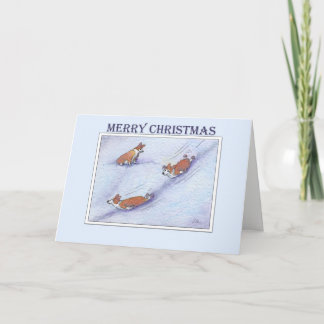 Merry Christmas, Corgi dogs snow sliding Holiday Card