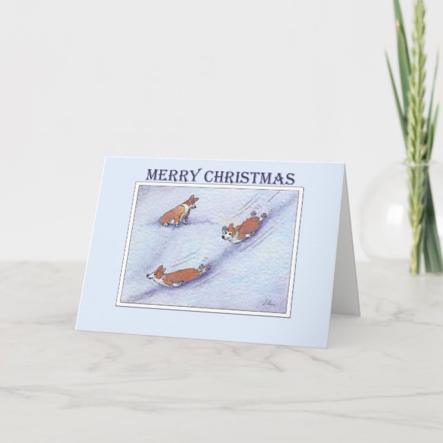 Merry Christmas, Corgi dogs snow sliding Holiday Card (Front)