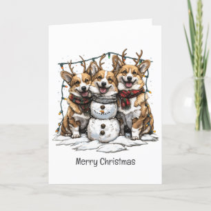 Merry Christmas Corgi Dogs Snowman Holiday Card