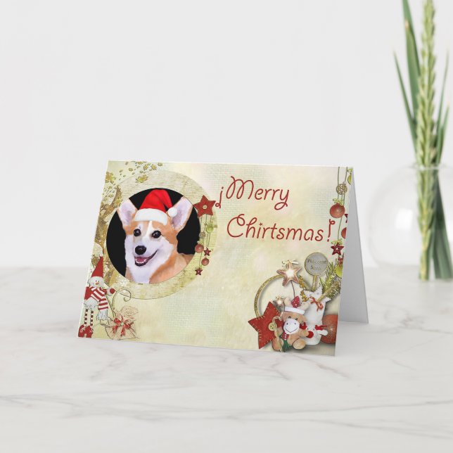 Merry Christmas Corgi with Santa Hat Holiday Card (Front)