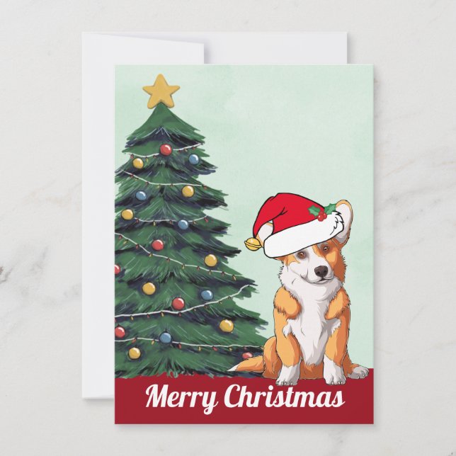 Merry Christmas Corgi with Tail Santa Hat Cute Dog Holiday Card (Front)