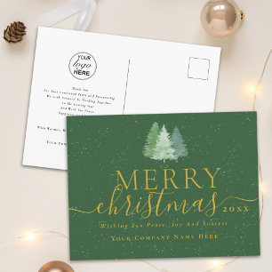 Merry Christmas Corporate Logo Gold Script Green Holiday Postcard