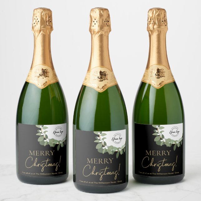 Merry Christmas Corporate logo Wreath Holiday Sparkling Wine Label (Bottles)