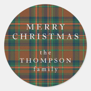 Merry Christmas Cosy Navy and Orange Plaid Flannel Classic Round Sticker