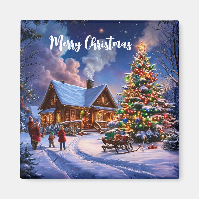 Merry Christmas Cosy Snowy Cabin in the Forest Magnet (Front)