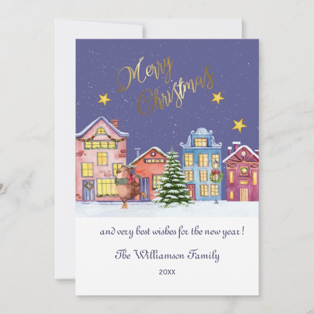 Merry Christmas Cosy Village Scene Christmas Card (Front)