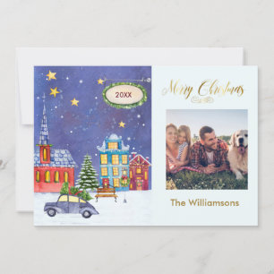 Merry Christmas Cosy Village Scene Photo Christmas Card