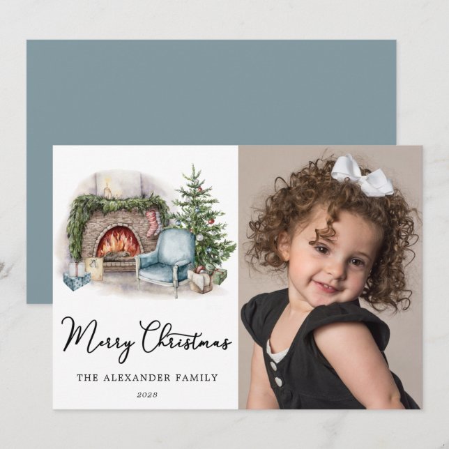 Merry Christmas Cosy Watercolor Home Photo Holiday (Front/Back)