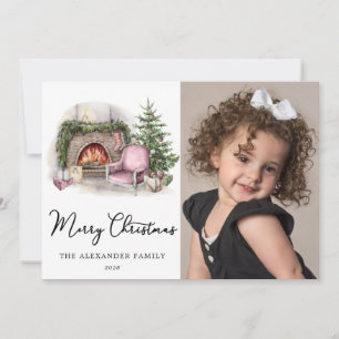 Merry Christmas Cosy Watercolor Home Photo Holiday Card