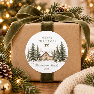 Merry Christmas Cosy Winter Cottage Olive Family Classic Round Sticker