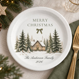 Merry Christmas Cosy Winter Cottage Olive Family Paper Plate