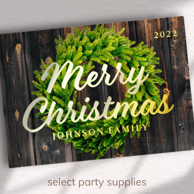 Merry Christmas Country Rustic Pine Wreath Wood Foil Holiday Card (Creator Uploaded)