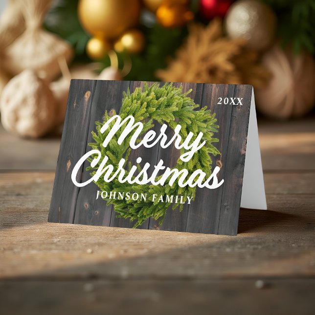 Merry Christmas Country Rustic Pine Wreath Wood Holiday Card (Creator Uploaded)