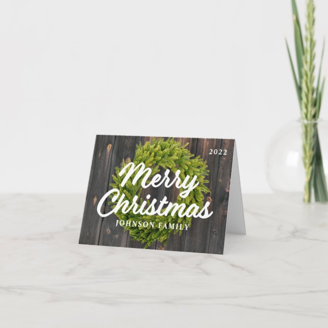 Merry Christmas Country Rustic Pine Wreath Wood Holiday Card (Front)