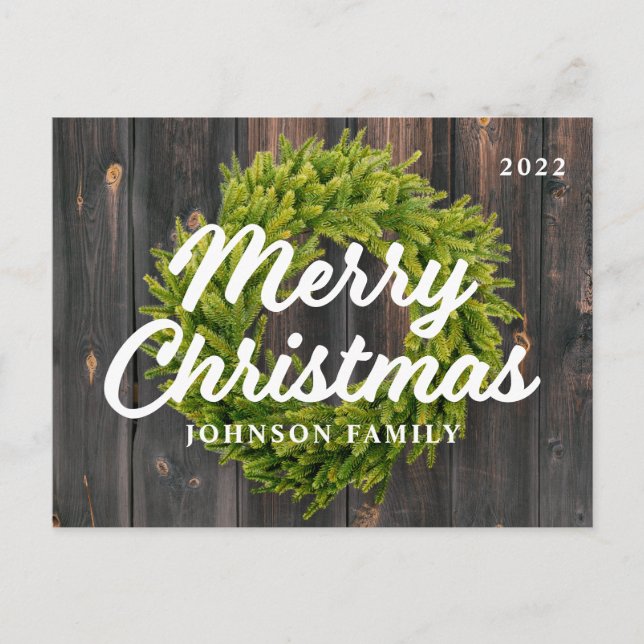 Merry Christmas Country Rustic Pine Wreath Wood Holiday Postcard (Front)
