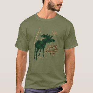 Merry Christmas Country Style Green Plaid Moose T-Shirt