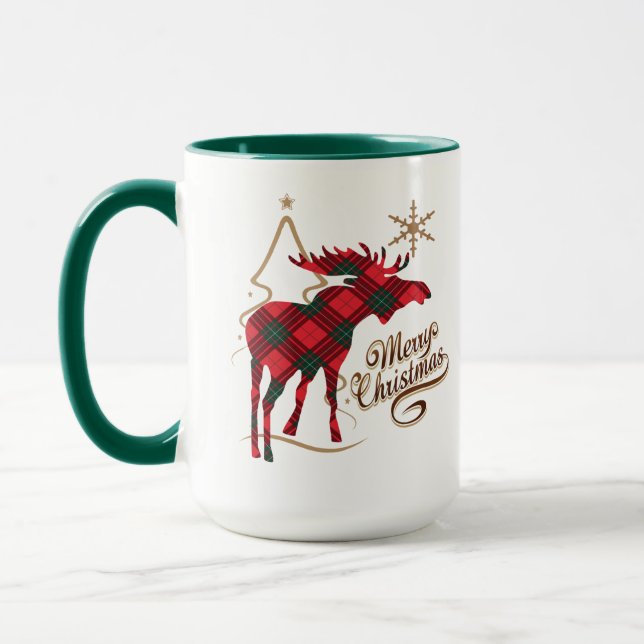 Merry Christmas Country Style Red Plaid Moose Mug (Left)