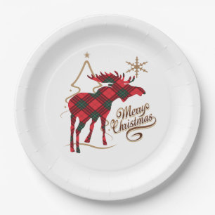 Merry Christmas Country Style Red Plaid Moose Paper Plate