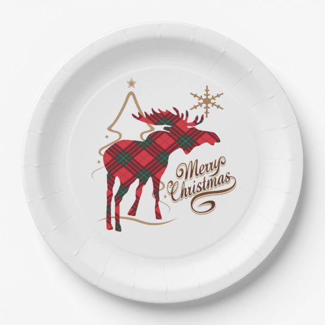 Merry Christmas Country Style Red Plaid Moose Paper Plate (Front)