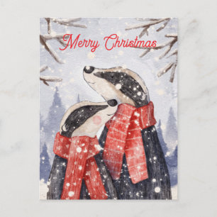 Merry Christmas Couple Badger Illustration Postcard