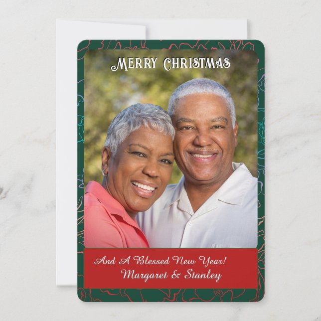 Merry Christmas Couple Family Photo Green Holiday Card (Front)