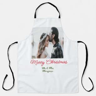 Merry Christmas couple photo add name happy holida Apron