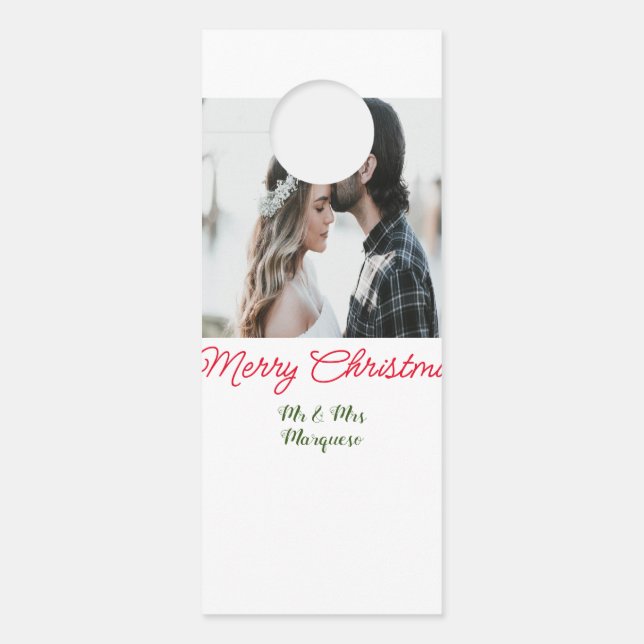 Merry Christmas couple photo add name happy holida Door Hanger (Front)