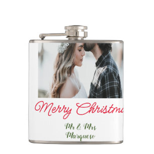 Merry Christmas couple photo add name happy holida Hip Flask