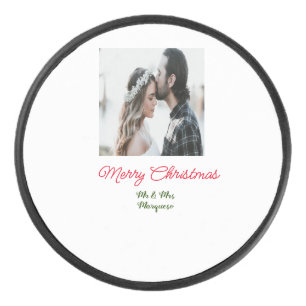 Merry Christmas couple photo add name happy holida Hockey Puck