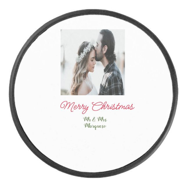 Merry Christmas couple photo add name happy holida Hockey Puck (Front)