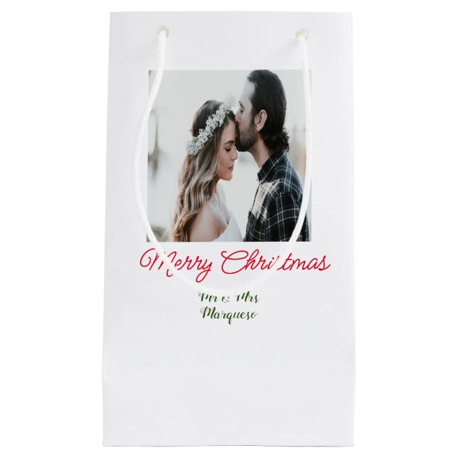 Merry Christmas couple photo add name happy holida Small Gift Bag (Front)